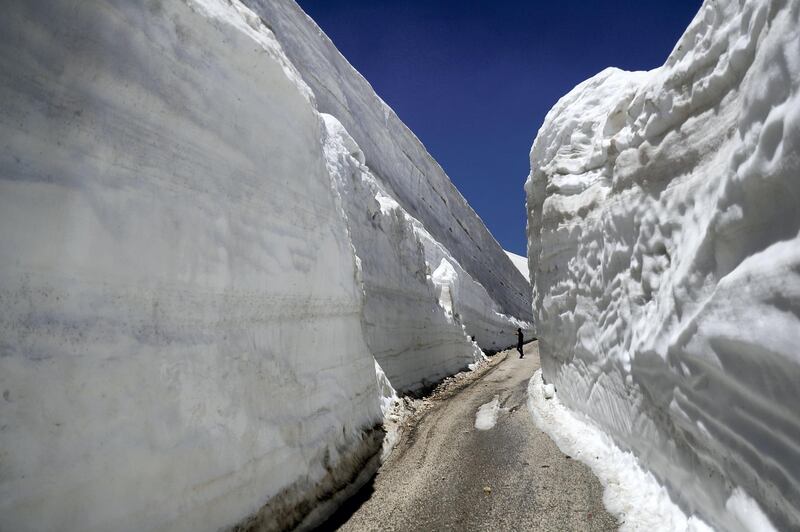 People take pictures on a road, surrounded by 10m walls of snow, on May 28, 2019, in the northern Lebanese village of Ainata al-Arz, 1620 m above sea level. - The road has been recently serviced to allow for cars to access it. (Photo by JOSEPH EID / AFP)