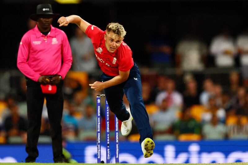 Sam Curran bowls during the T20 World Cup match between England and New Zealand. AFP