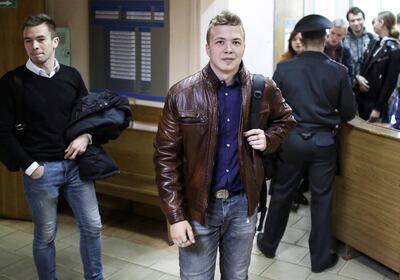 Opposition blogger and activist Roman Protasevich, who is accused of participating in an unsanctioned protest at the Kuropaty preserve, arrives for a court hearing in Minsk, Belarus April 10, 2017. Picture taken April 10, 2017. REUTERS/Stringer