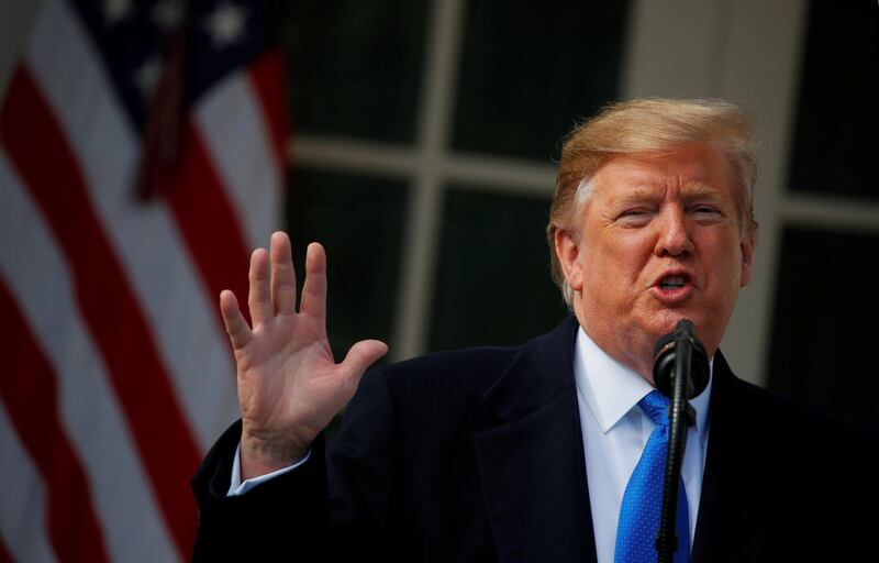 U.S. President Donald Trump declares a national emergency at the U.S.-Mexico border during remarks about border security in the Rose Garden of the White House in Washington, U.S., February 15, 2019. REUTERS/Carlos Barria