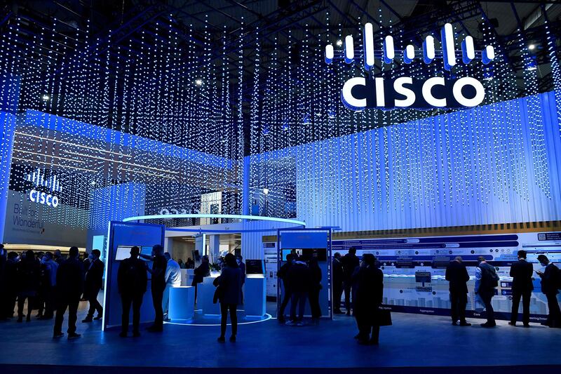 Visitors inside the Cisco stand at the Mobile World Congress in Barcelona, Spain. AFP