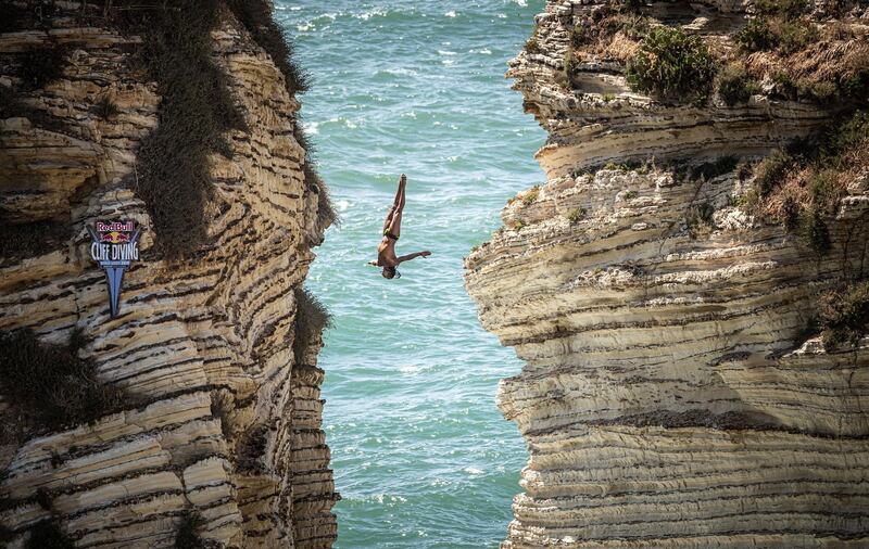 Nathan Jimerson of the USA dives from the 25m cliff in Raouche during the first competition day of the fifth stop of the Red Bull Cliff Diving World Series.  Getty Images
