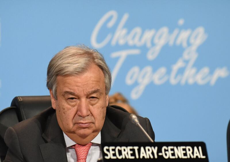 The United Nations' Secretary-General Antonio Guterres attends a session of the COP24 summit on climate change in Katowice, Poland, on December 4, 2018. The world is "way off course" in its plan to prevent catastrophic climate change, the United Nations warned as nations gathered in Poland to chart a way for mankind to avert runaway global warming. / AFP / Janek SKARZYNSKI
