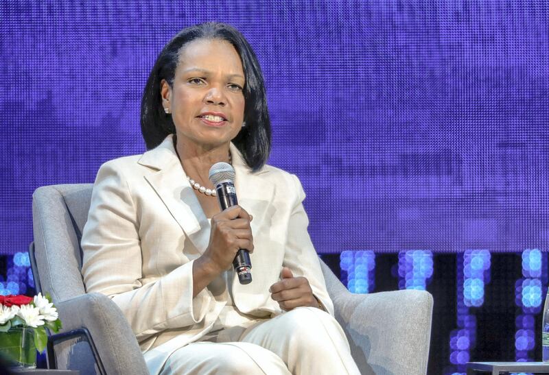Abu Dhabi, United Arab Emirates, November 11, 2019.  
ADIPEC day 1.
--    Former US Secretary of State Condoleezza Rice during the open discussion.
Victor Besa / The National
Section:  NA
Reporter:  Jennifer Gnana