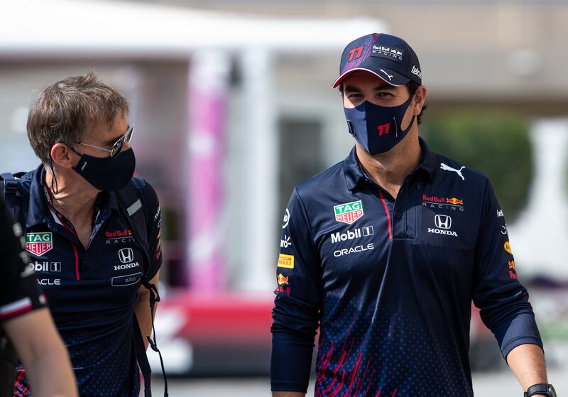 Red Bull's Sergio Perez in the Paddock before practice. Victor Besa / The National