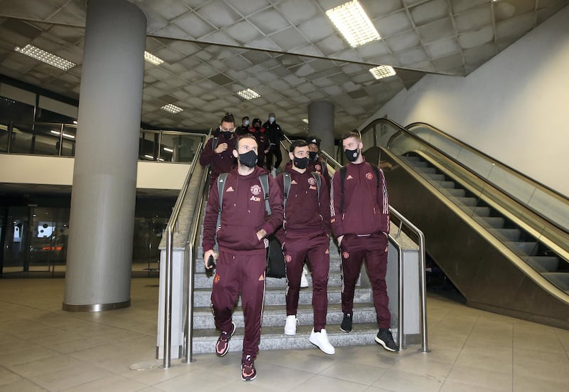 TURIN, ITALY - FEBRUARY 17: (EXCLUSIVE COVERAGE) Juan Mata, Bruno Fernandes, David de Gea of Manchester United arrives in Turin on February 17, 2021 in Turin, Italy. (Photo by Matthew Peters/Manchester United via Getty Images)