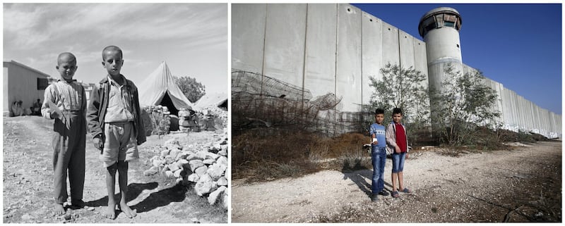 A combination picture shows Palestinian boys posing for a photo in Aida refugee camp in Bethlehem in the Israeli-occupied West Bank, in this undated handout photo. UNRWA/Handout via REUTERS (L) and Palestinian boys posing for a photo in front of a section of the Israeli barrier in Aida refugee camp in Bethlehem in the Israeli-occupied West Bank, October 19, 2019. REUTERS/Mussa Qawasma ATTENTION EDITORS - THIS IMAGE WAS PROVIDED BY A THIRD PARTY. NO RESALES. NO ARCHIVES SEARCH "UNRWA COMBOS" FOR THIS STORY. SEARCH "WIDER IMAGE" FOR ALL STORIES. TPX IMAGES OF THE DAY