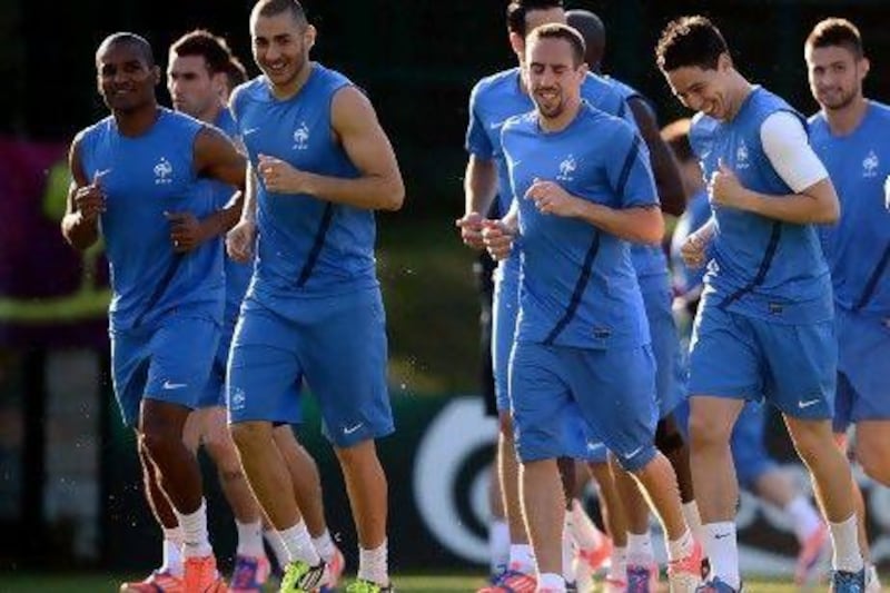The France squad in training yesterday.