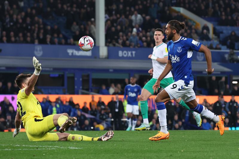 Everton striker Dominic Calvert-Lewin scores just before half-time but had been caught offside. Getty