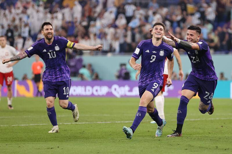 Julian Alvarez celebrates after scoring the second goal for Argentina. Getty