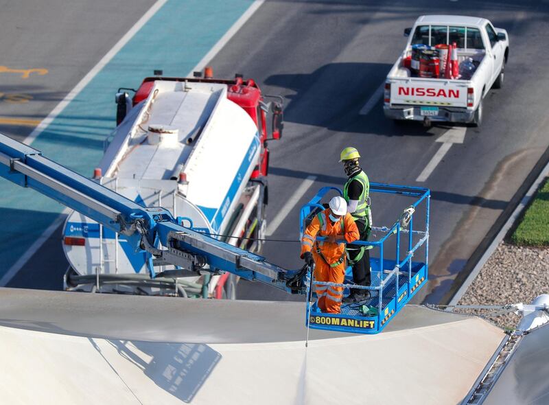 Abu Dhabi, United Arab Emirates, November 13, 2020.  Cleaning operations in preparation for the F1 Abu Dhabi 2020 race season at the Yas Marina Circuit. 
Victor Besa/The National
Section:  NA
For:  Standalone/Stock