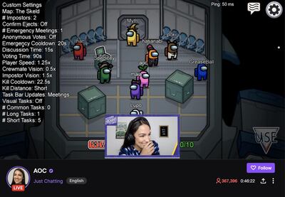 Politician Alexandria Ocasio-Cortez plays 'Among Us' to an audience of almost 440,000 people. Twitch 
