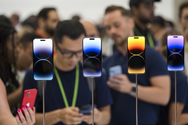New iPhone 14 phones on display at Apple Park campus in Cupertino, California. Bloomberg