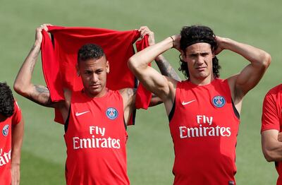 Soccer Football - Paris St Germain - Training - Paris, France - August 23, 2017   Paris St Germain's Neymar and Edinson Cavani during training   REUTERS/Benoit Tessier