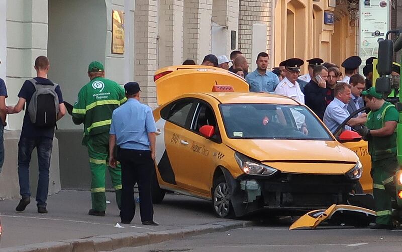 A view shows a damaged taxi, which ran into a crowd of people, in central Moscow, Russia June 16, 2018. REUTERS/Staff
