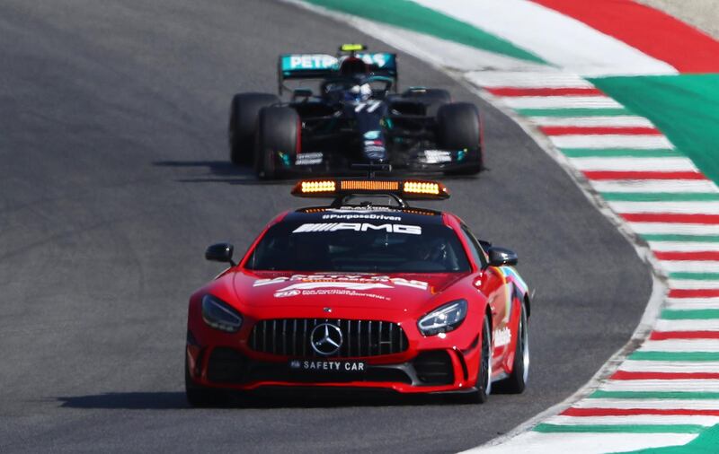 Mercedes' Valtteri Bottas behind the safety car during the race. Reuters