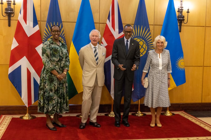 Prince Charles and Camilla meet Paul Kagame, President of Rwanda and his wife Jeannette Kagame, in Kigali. Getty Images