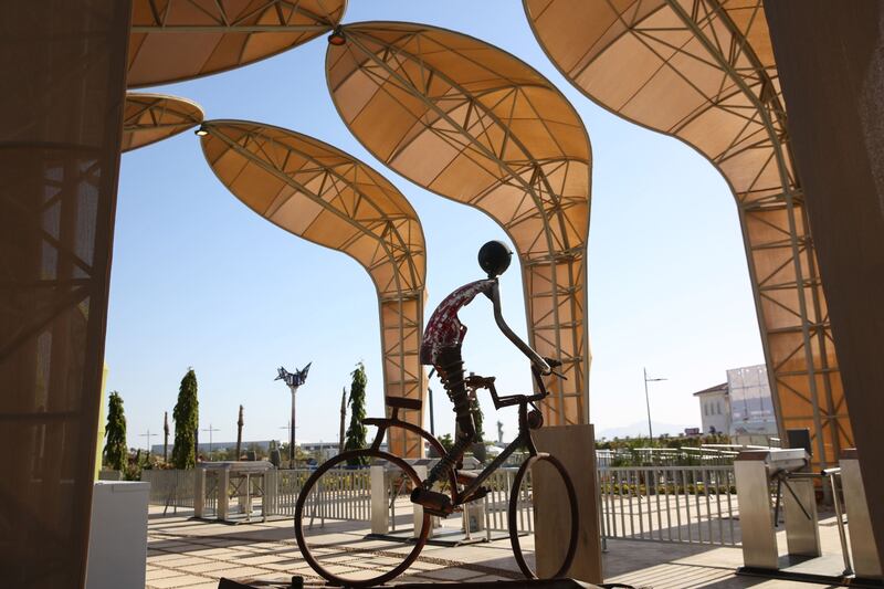 A sculpture of a cyclist in the grounds of the green zone area at Cop27. Bloomberg