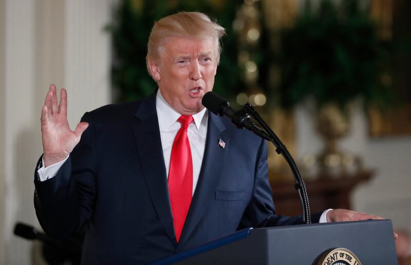 FILE - In this July 31, 2017 file photo, President Donald Trump speaks in the East Room of the White House in Washington. President Donald Trump plans to spend some time in New York while he takes a break from Washington.  (AP Photo/Alex Brandon, File)