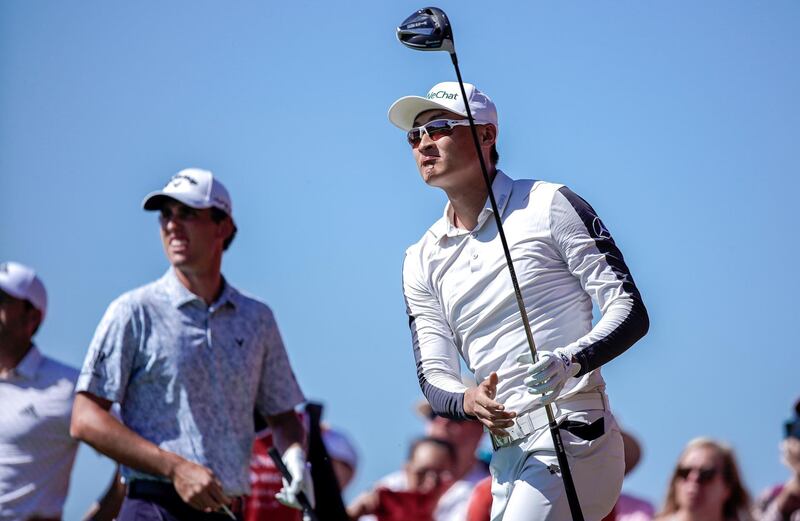 Abu Dhabi, United Arab Emirates, January 18, 2020.  2020 Abu Dhabi HSBC Championship.  Round 3.
Haotong Ll tees off on the second tee.
Victor Besa / The National
Section:  SP
Reporter:  Paul Radley and John McAuley