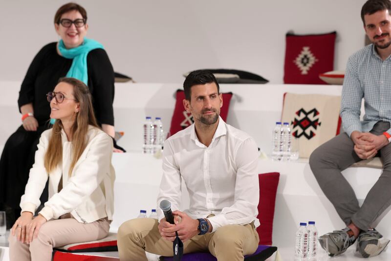 Tennis great Novak Djokovic with wife Jelena at the Serbia Pavilion of Expo Dubai 2020. Khushnum Bhandari / The National
