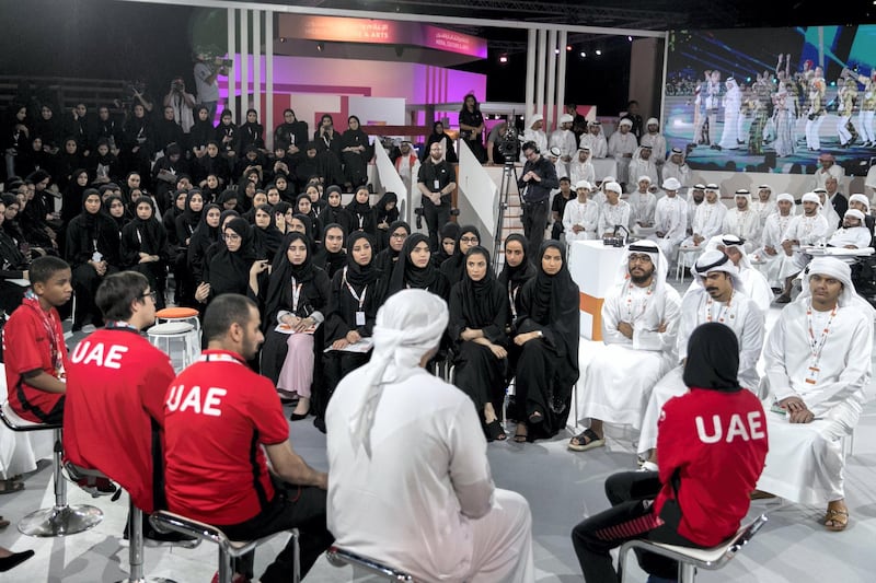 ABU DHABI, UNITED ARAB EMIRATES - OCTOBER 09, 2018. 

University students listen to Special Olympics champions at "Meet the Champions" session at Mohammed Bin Zayed Council for Future Generations, held at ADNEC.

(Photo by Reem Mohammed/The National)

Reporter: SHIREENA AL NUWAIS + ANAM RIZVI
Section:  NA