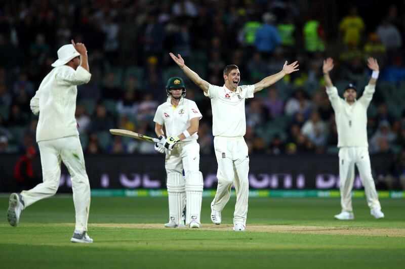 ADELAIDE, AUSTRALIA - DECEMBER 04:  Chris Woakes of England successfully appeals for lbw to dismiss Steve Smith of Australia during day three of the Second Test match during the 2017/18 Ashes Series between Australia and England at Adelaide Oval on December 4, 2017 in Adelaide, Australia.  (Photo by Cameron Spencer/Getty Images)