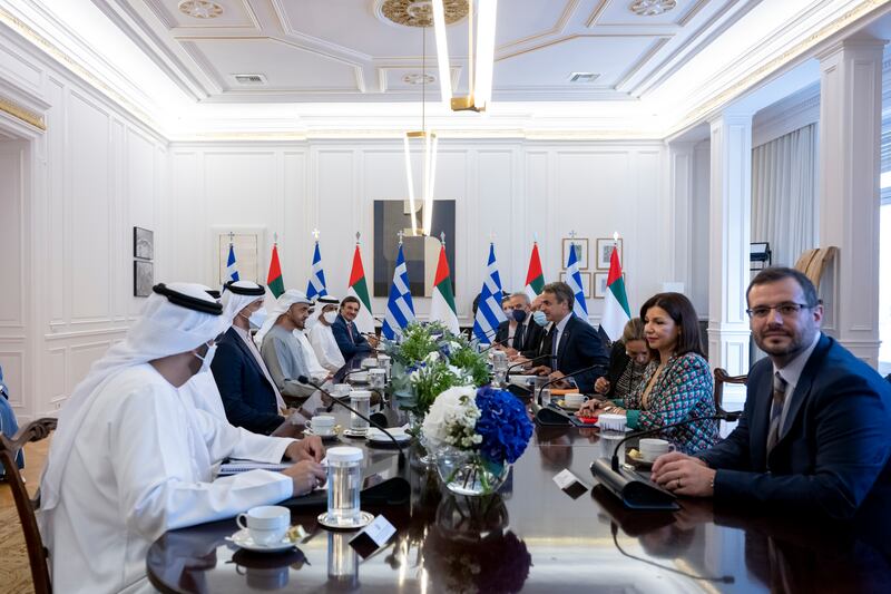 President Sheikh Mohamed attends a meeting with Greek Prime Minister Kyriakos Mitsotakis at the Maximos Mansion in Athens.