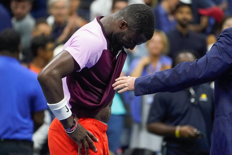 Frances Tiafoe reacts after losing to Carlos Alcaraz. AP