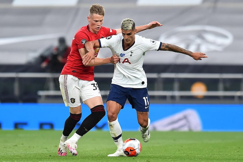 Scott McTominay challenges Erik Lamela during the Premier League game between Manchester United and Tottenham. AFP