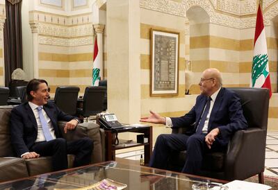 Amos Hochstein, left, meets Lebanon's caretaker Prime Minister Najib Mikati in Beirut, Lebanon in June last year. Reuters
