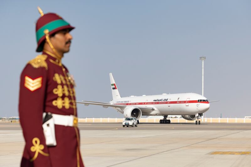 President Sheikh Mohamed's plane arrives at the Royal Flight of Oman. Photo: UAE Presidential Court