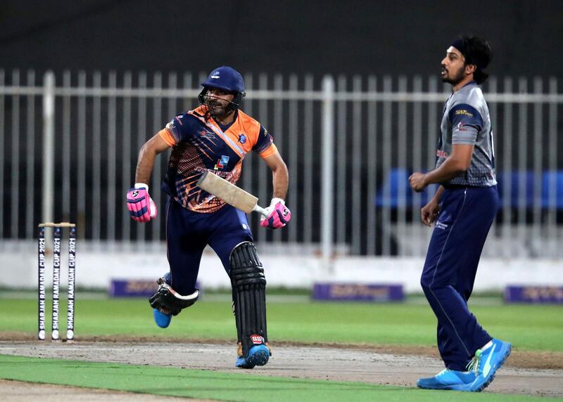 MGM's Asif Khan bats in the Sharjah Ramadan Cup game between MGM Cricket Club v Pacific Group in Sharjah on April 27th, 2021. Chris Whiteoak / The National. 
Reporter: Paul Radley for Sport