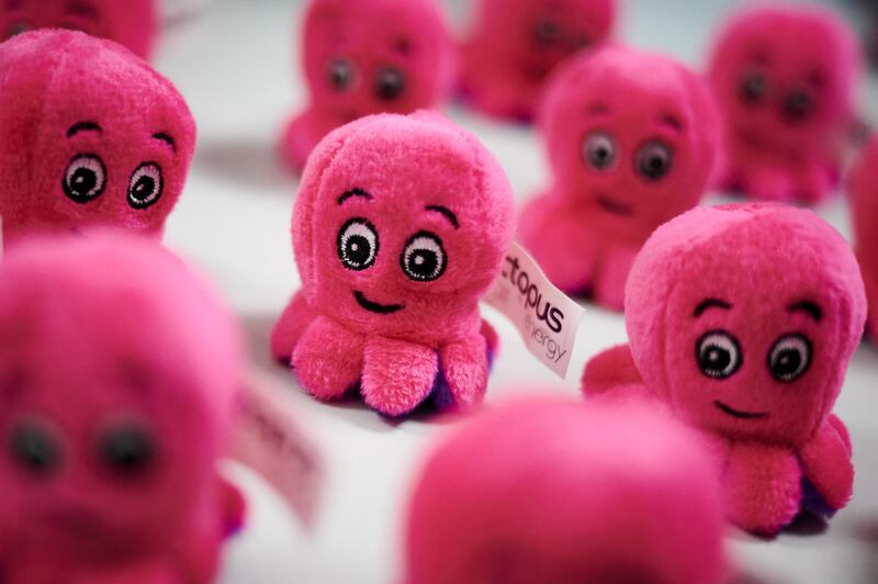 A selection of Octopus Energy promotional toys are pictured at the headquarters of Octopus Energy in London. AFP