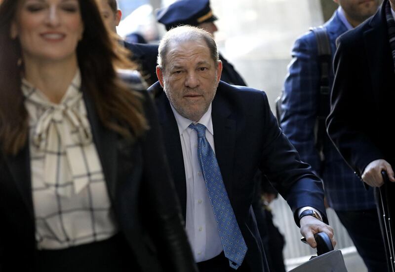 Harvey Weinstein, former co-chairman of the Weinstein Co., center, arrives with his attorney Donna Rotunno, left, at state supreme court in New York, U.S., on Monday, Feb. 24, 2020. Jurors at Weinstein's trial are set to resume deliberations Monday after signaling they are at odds on the top charges, AP reports. Photographer: Peter Foley/Bloomberg