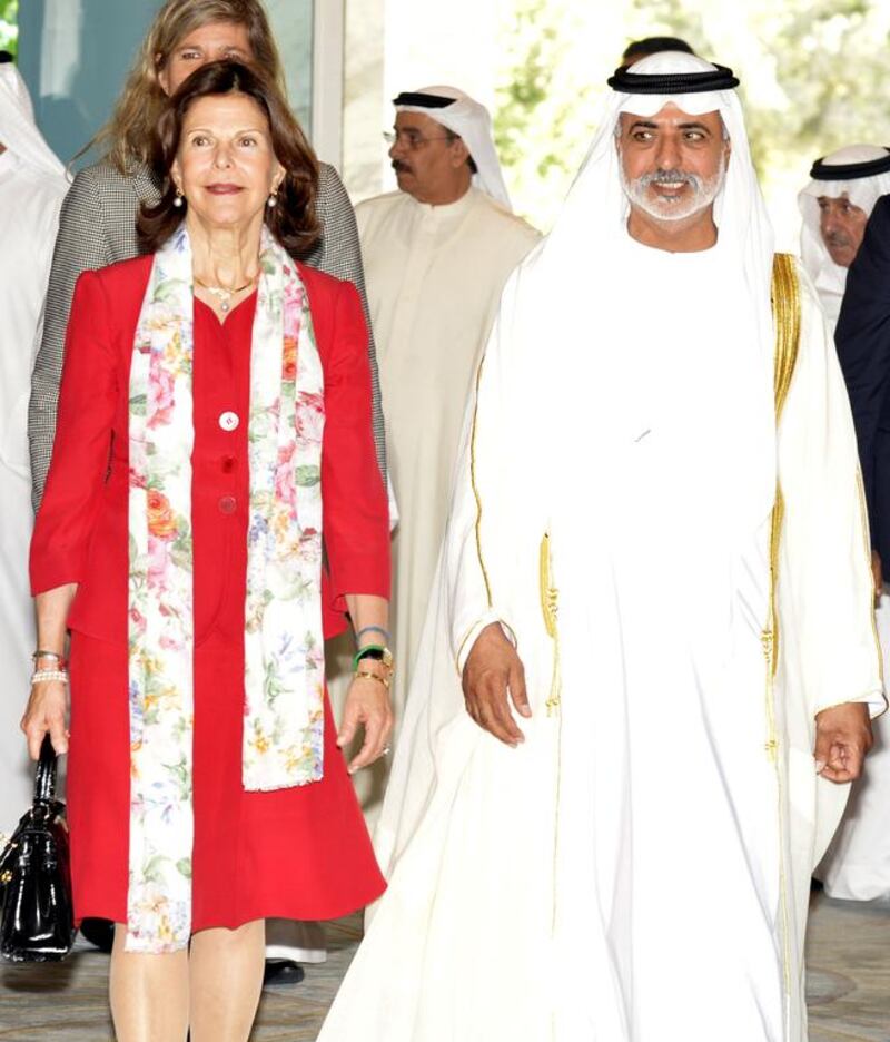 Sheikh Nahyan bin Mubarak, the Minister of Culture, Youth and Community Development, receives Queen Silvia of Sweden and her delegation. Wam 