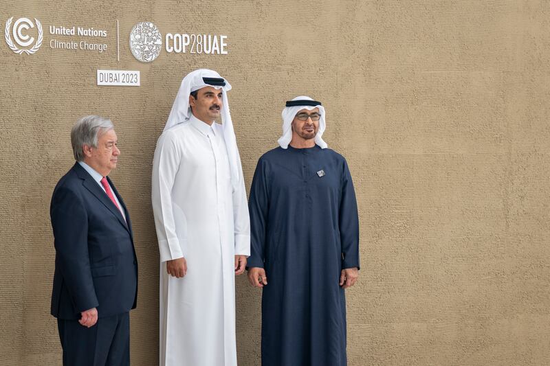 President Sheikh Mohamed with Sheikh Tamim bin Hamad, Emir of Qatar, centre, and UN Secretary General Antonio Guterres. Eissa Al Hammadi / UAE Presidential Court 