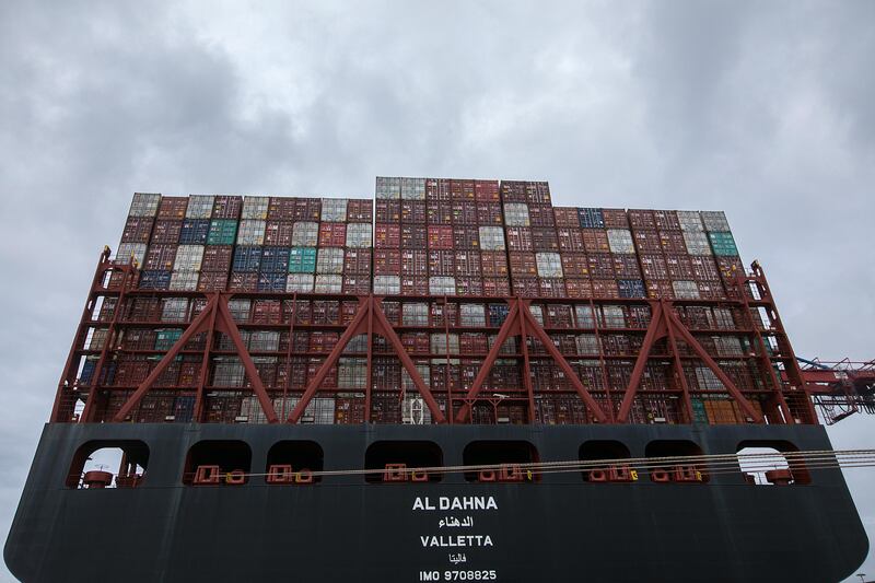 Shipping containers sit stacked on board the Al Dahna container ship, operated by the United Arab Shipping Co. (UASC), at the Port of Hamburg in Hamburg, Germany, on Wednesday, Sept. 20, 2017. Germany's Bundesbank said last month that industrial production -- supported by substantial gains in exports -- should continue playing an important role in sustaining momentum. Photographer: Krisztian Bocsi/Bloomberg
