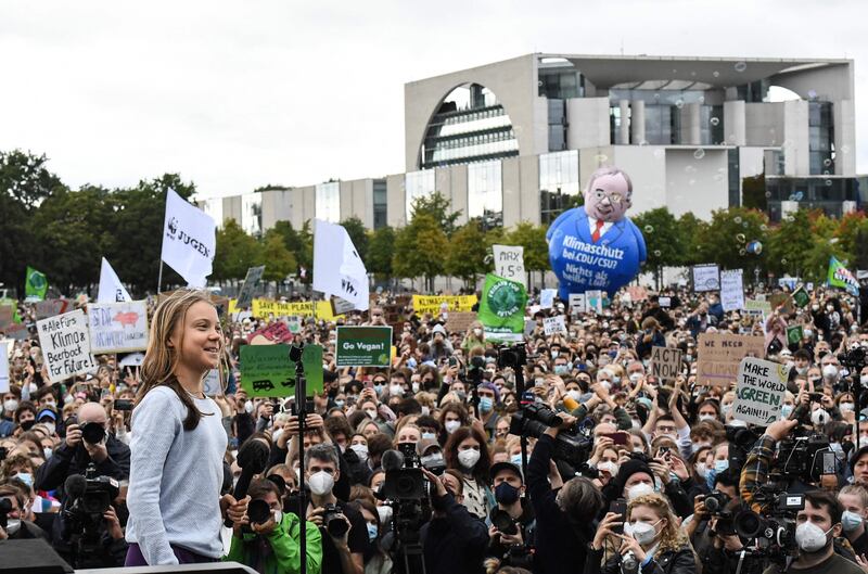 Greta Thunberg speaks to demonstrators at a Fridays for Future global climate strike in front of the Chancellery in Berlin. AFP