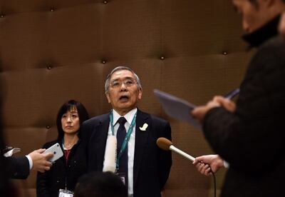 Governor of the Bank of Japan, Haruhiko Kuroda speaks to journalists during the G20 finance ministers meeting in the Saudi capital Riyadh, on February 22, 2020. Finance ministers and central bank governors from G20 nations meet in the Saudi capital today for a two-day gathering to discuss the global economy and the risks from the coronavirus epidemic. / AFP / FAYEZ NURELDINE
