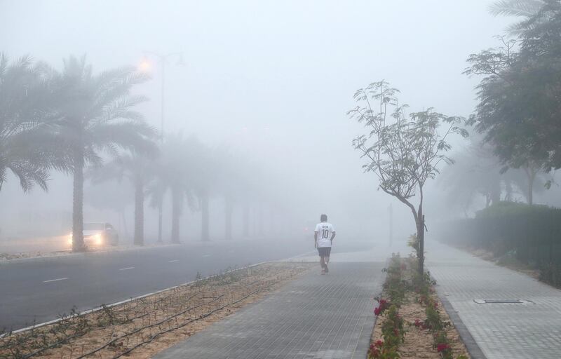 DUBAI , UNITED ARAB EMIRATES , March 14 – 2019 :- View of the early morning fog in Al Furjan area in Dubai. ( Pawan Singh / The National ) For News/Instagram/Online