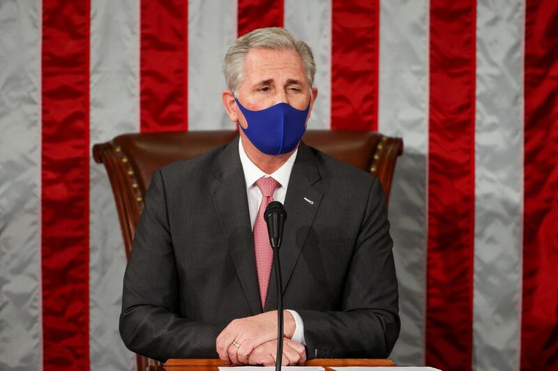 U.S. House Minority Leader Kevin McCarthy (R-CA) speaks on House floor at the U.S. Capitol in Washington, DC, U.S., January 3, 2021. Tasos Katopodis/Pool via REUTERS