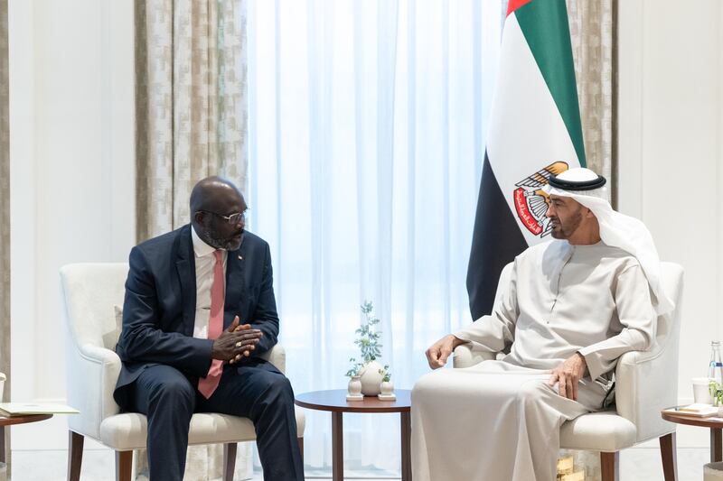 President Sheikh Mohamed met Liberian President George Weah at Al Shati Palace in May 2022. Photo: Ministry of Presidential Affairs