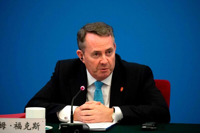 British Secretary of State for International Trade Liam Fox speaks during the inaugural meeting of the UK-China CEO Council at the Great Hall of the People in Beijing on January 31, 2018.
May is on a state visit to China as she seeks to bolster her country's global trade links ahead of its departure from the European Union. / AFP PHOTO / POOL / Mark Schiefelbein
