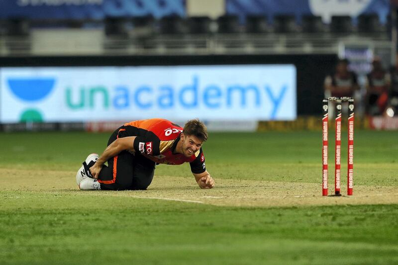 Mitchell Marsh of Sunrisers Hyderabad injured during match 3 of season 13 Dream 11 Indian Premier League (IPL) between Sunrisers Hyderabad and Royal Challengers Bangalore held at the Dubai International Cricket Stadium, Dubai in the United Arab Emirates on the 21st September 2020.  Photo by: Saikat Das  / Sportzpics for BCCI