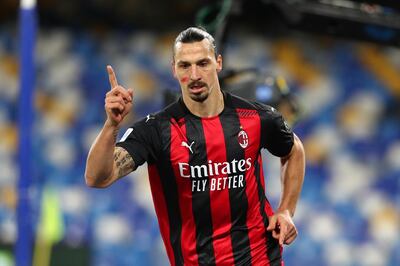 NAPLES, ITALY - NOVEMBER 22: Zlatan Ibrahimovic of A.C. Milan celebrates after scoring their team's second goal during the Serie A match between SSC Napoli and AC Milan at Stadio San Paolo on November 22, 2020 in Naples, Italy. Sporting stadiums around Italy remain under strict restrictions due to the Coronavirus Pandemic as Government social distancing laws prohibit fans inside venues resulting in games being played behind closed doors. (Photo by Francesco Pecoraro/Getty Images)