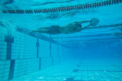 Syrian refugee Ibrahim Al Hussein, an amputee swimmer who lost his leg during the war in Syria, trains in Athens, Greece. AP