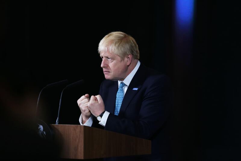 MANCHESTER, ENGLAND - JULY 27: Britain's Prime Minister Boris Johnson during a speech on domestic priorities at the Science and Industry Museumon July 27, 2019 in Manchester, England. The PM announced that the government will back a new rail route between Manchester and Leeds. (Photo by Rui Vieira - WPA Pool/Getty Images)