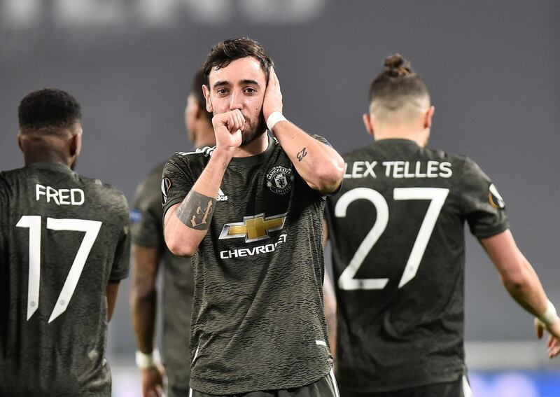 Manchester United's Bruno Fernandes celebrates scoring their second goal. Reuters