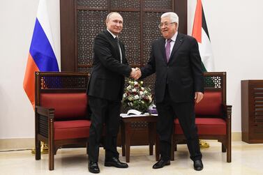 Palestinian President Mahmoud Abbas, right, shakes hands with Russian President Vladimir Putin in Bethlehem on January 23, 2020. Russia has expressed doubts over the feasibility of the Trump peace plan. AP